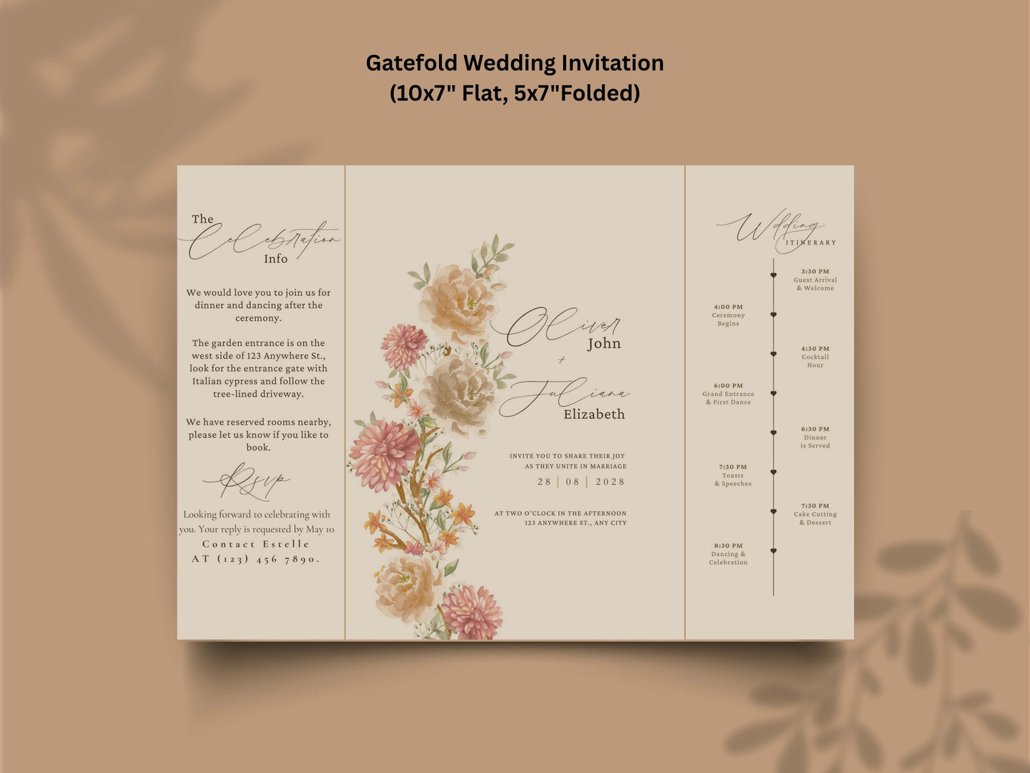 Gatefold Wedding Invitation Template with Itinerary | Floral Boho Wedding Invite | RSVP & Timeline Card | Printable Digital Download. WI165