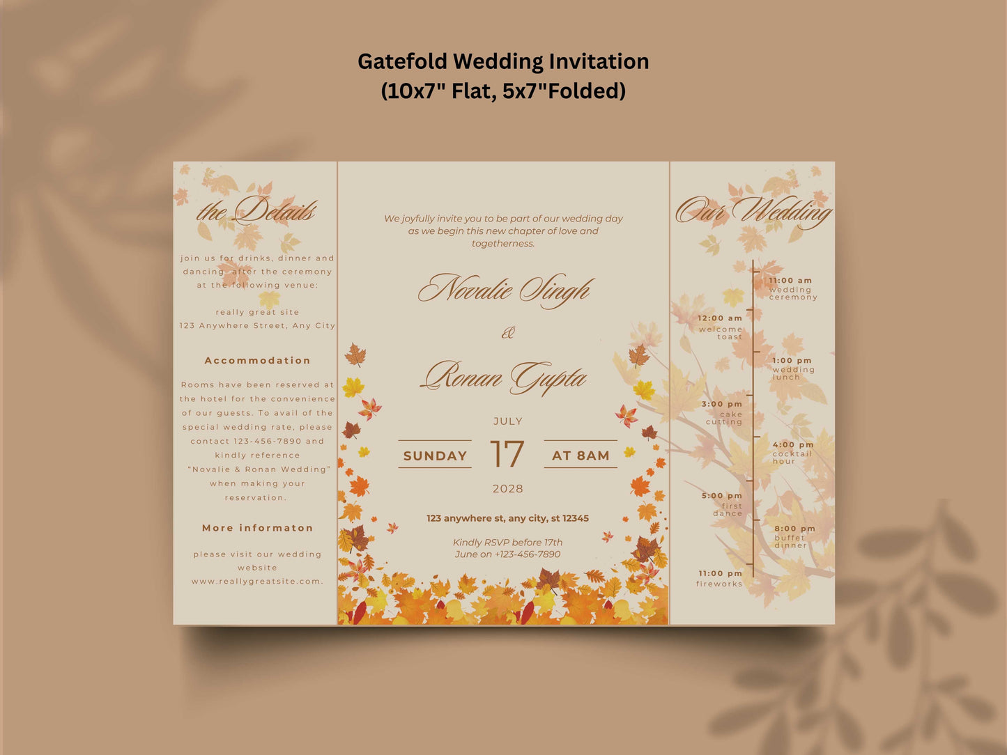 Autumn Wedding Card Template | Fall Leaves Wedding Details Card | Editable Timeline Program | Orange Wedding Invitation Printable. 174