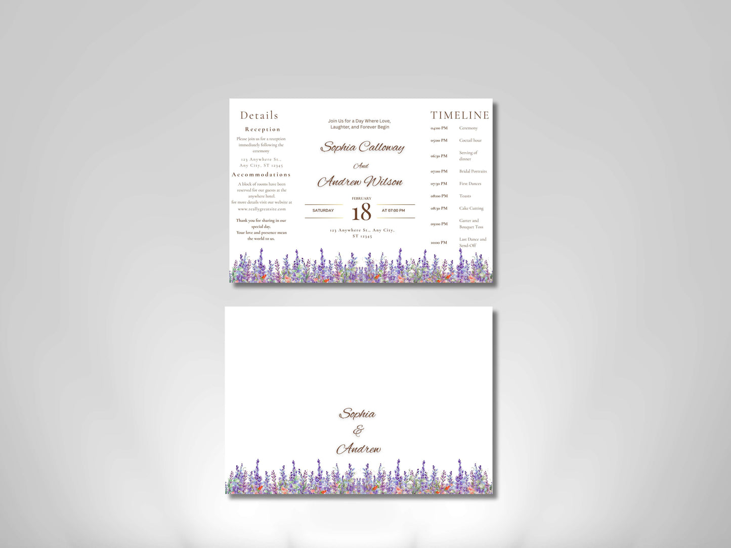 Elegant Floral Wedding Invitation with Timeline & Details | Purple Lavender Watercolor Template | Printable Reception Card. WIB130