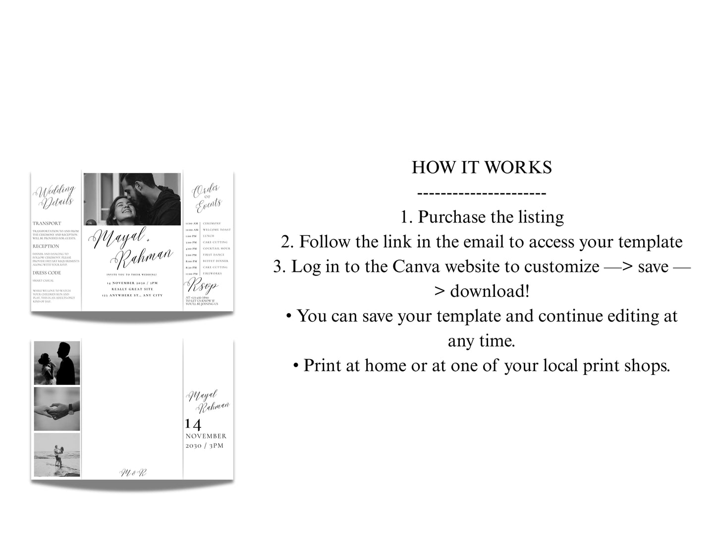 Gatefold Wedding Invitation Template | Elegant Black & White Folded Invite with RSVP Timeline | Printable Wedding Card with Photo. WEIB123