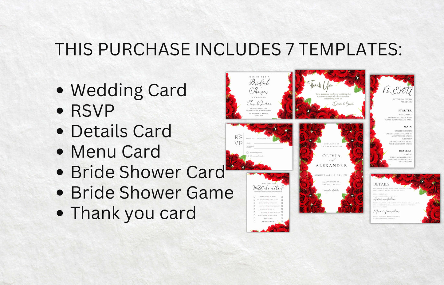 Red Rose Wedding Invitation Bundle, RSVP, Thank You Card, Red Rose Bridal Shower, Games Wedding Party Menu, Details Card, Template, WB1