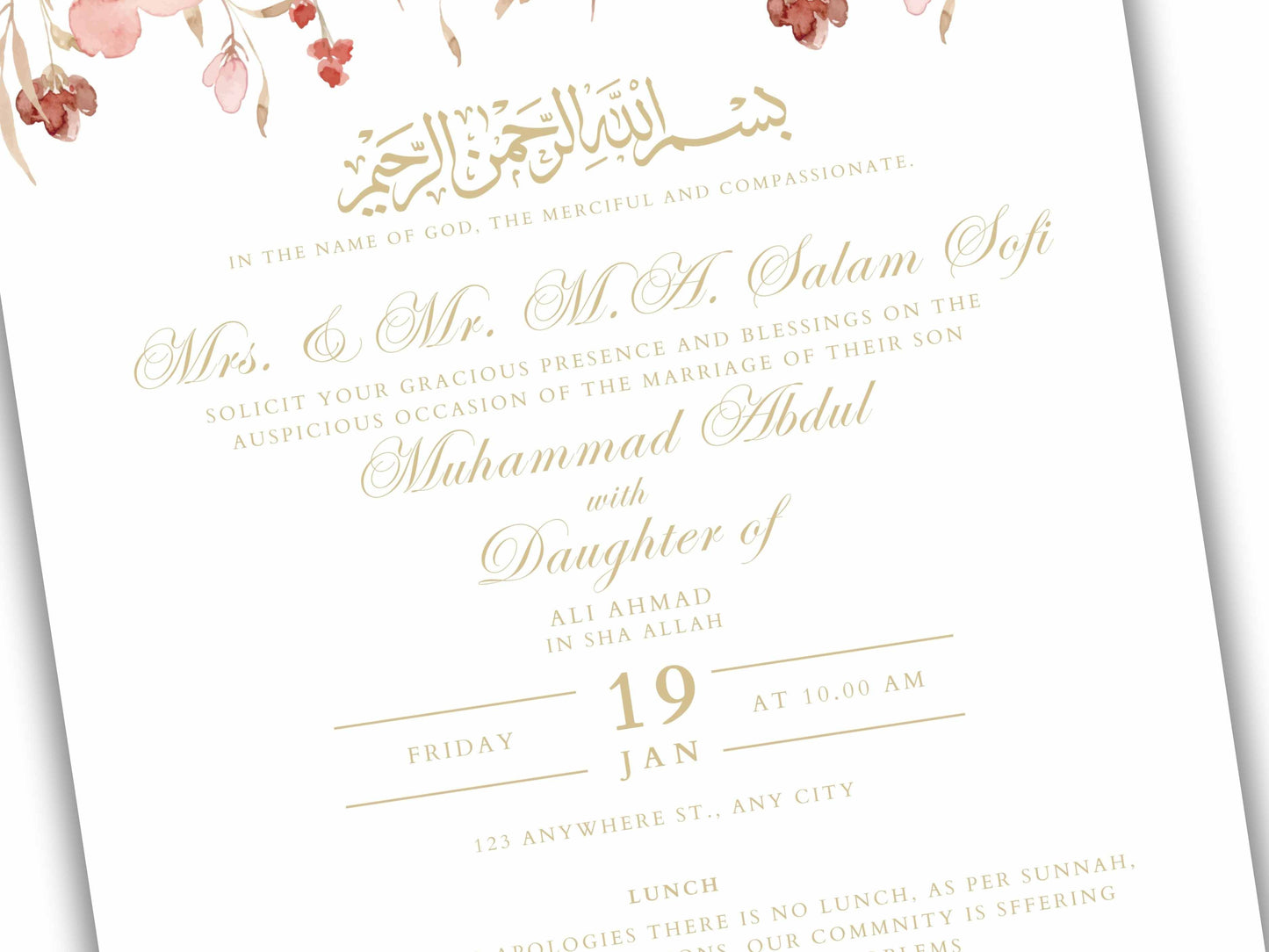 Floral Muslim Wedding Invitation Template, Wedding Card, Muslim Wedding Invitation, Islamic wedding invite, Editable Canva Template. WT37