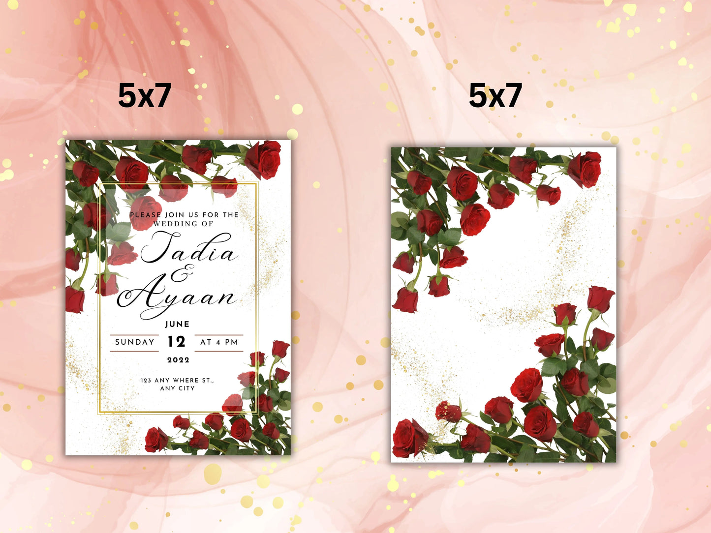 Red Rose Wedding Invitation , dark red floral gold frame border invite, Elegant Red Rose wedding Invitation, ,Shimmey, Editable A1 Majestic