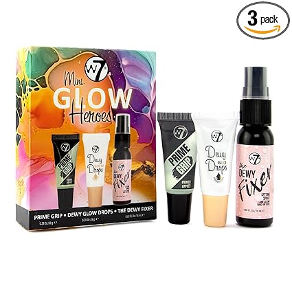 W7 Mini Glow Heroes Set - Travel Size Makeup Minis with Primer, Glow Drops & Setting Spray
