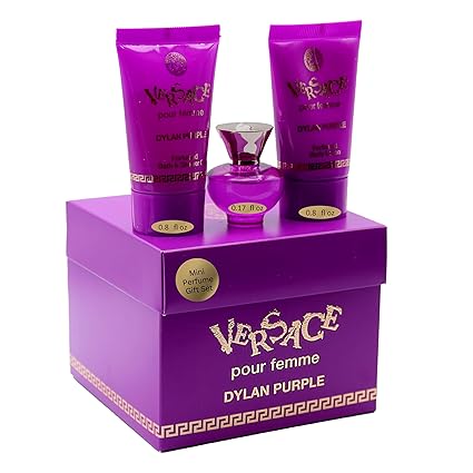 Versace Dylan Purple for Women 3 Piece Set Includes: 0.17 oz Eau de Parfum + 0.8 oz Perfumed Bath Shower Gel + 0.8 oz Perfumed Body Lotion