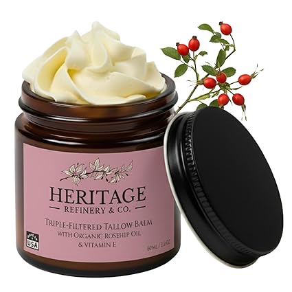 Heritage Refinery Grass Fed Beef Tallow Face Cream with Rosehip Oil - Made in USA Whipped Unscented Balm for Men & Women, Sensitive Skin, Dry, Eczema, Rosacea - 2 oz