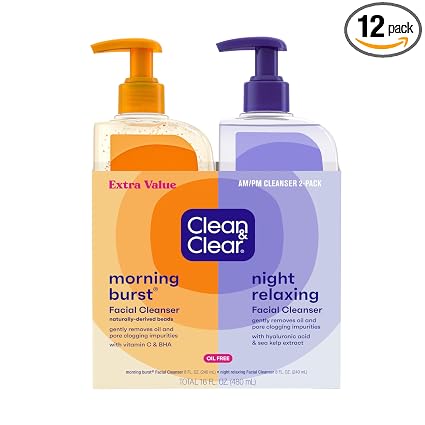 Clean & Clear Oil-Free Facial Cleansers with Citrus Scent, Morning Burst and Night Relaxing, 16 oz 2 Count (Pack of 12)