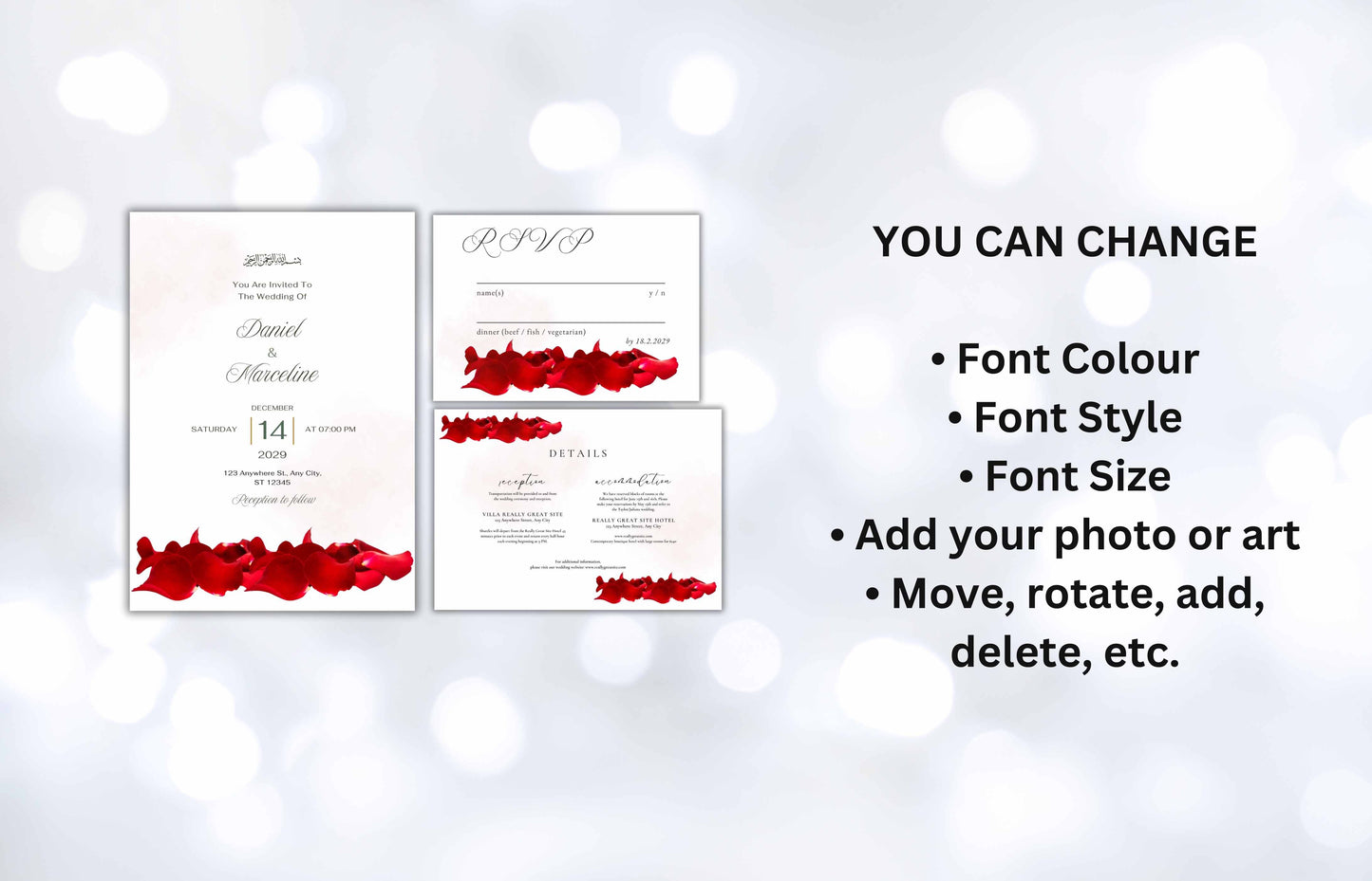 Red Rose Patels Wedding Invitation Template with RSVP, Details Card, Wedding Invitation Roses, Wedding Invites. B60