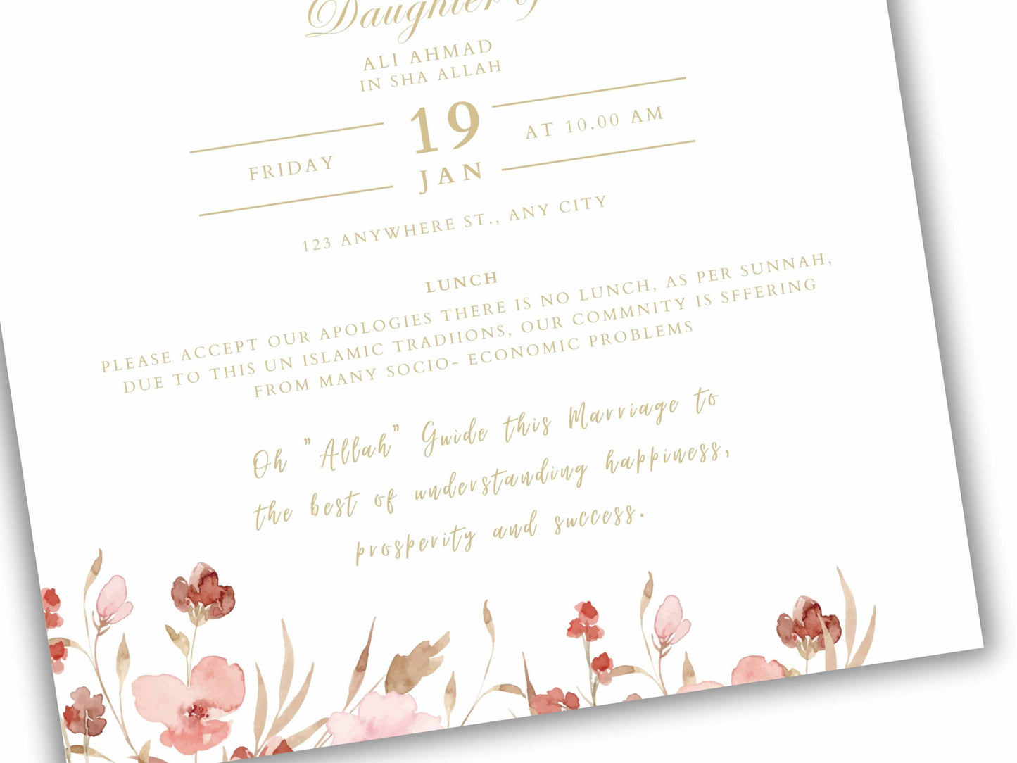 Floral Muslim Wedding Invitation Template, Wedding Card, Muslim Wedding Invitation, Islamic wedding invite, Editable Canva Template. WT37