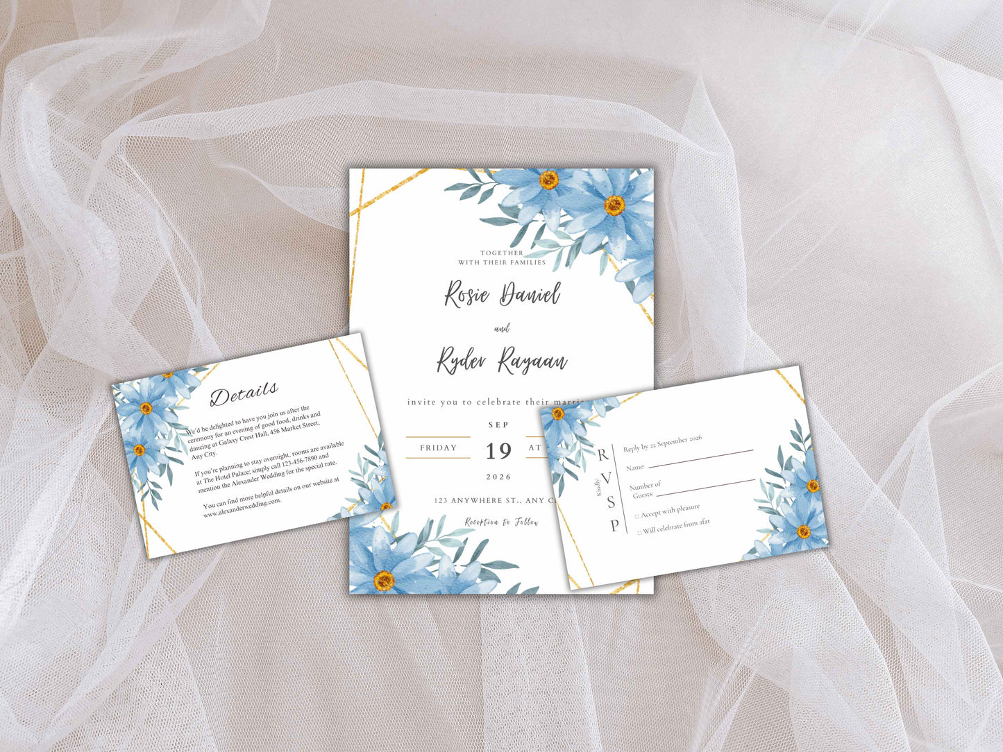 Wedding Invitation Bundle, RSVP, Thank You Card, Table Card, Menu Card, Reception Card, Details Card. WI234