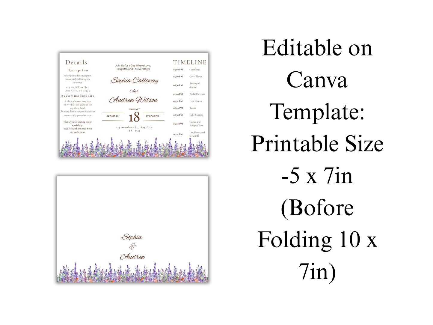 Elegant Floral Wedding Invitation with Timeline & Details | Purple Lavender Watercolor Template | Printable Reception Card. WIB130