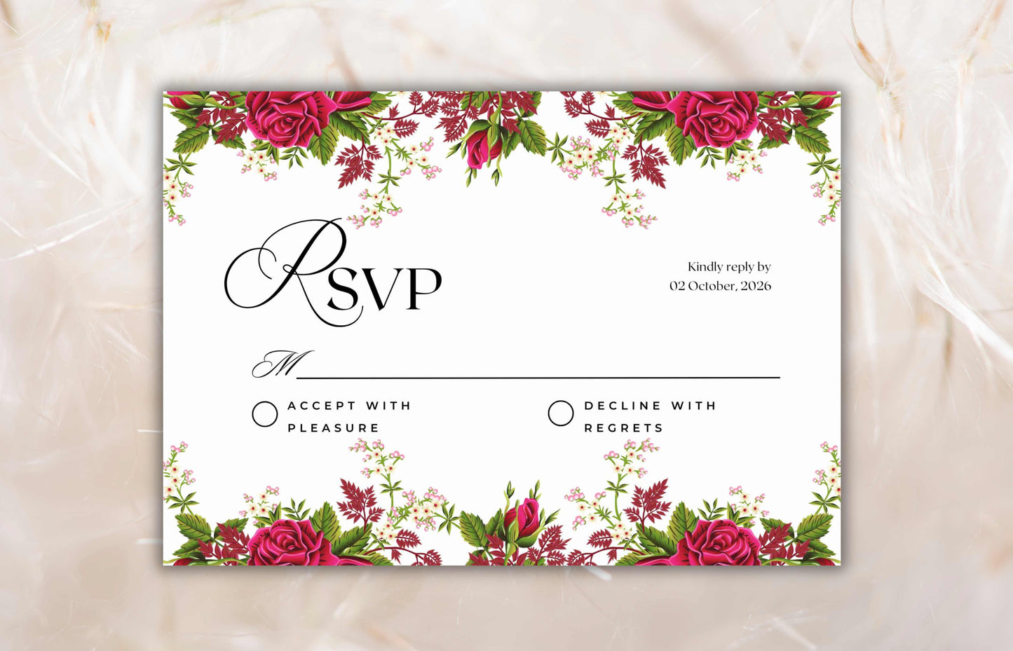 Floral Wedding Invitation Set Template, Printable Hot Pink Rose Wedding Invite Suite, Boho Wedding Template, RSVP Card, Details Card. WIB73