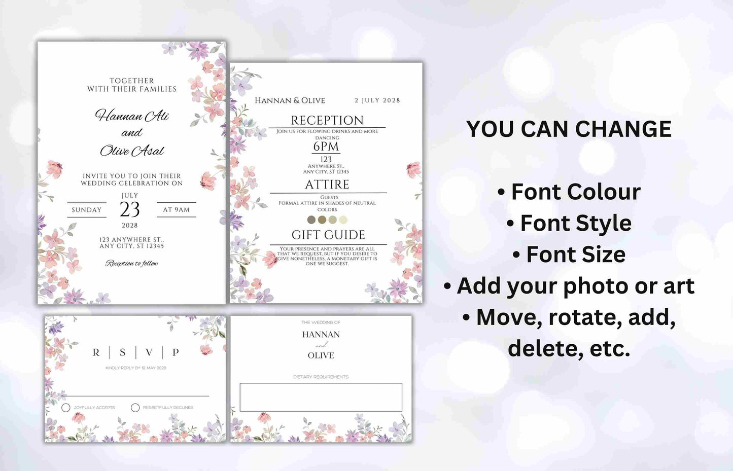 Wildflower Wedding Invitation Template, Printable Wedding Invitation, Pink and purple Invitation, Wedding Suite, RSVP, Details. WI101 - A1 Majestic
