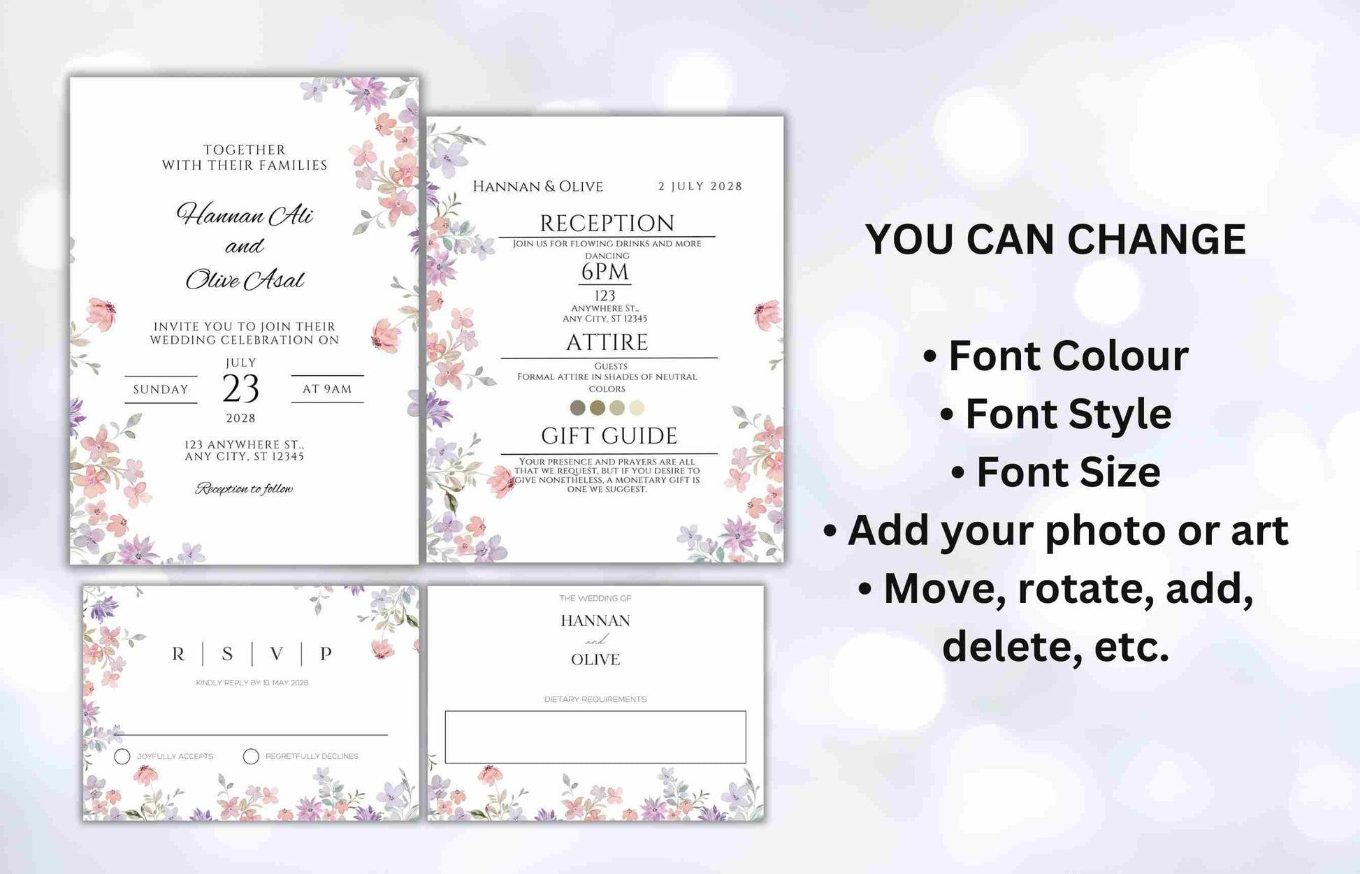 Wildflower Wedding Invitation Template, Printable Wedding Invitation, Pink and purple Invitation, Wedding Suite, RSVP, Details. WI101 - A1 Majestic