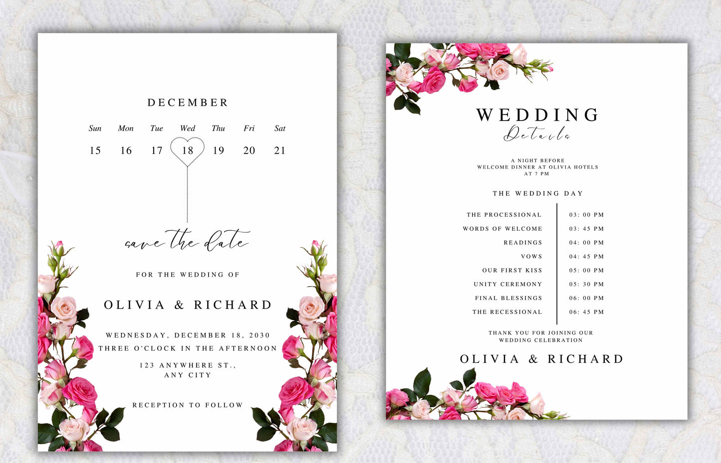 Pink Rose Wedding Invitation Bundle, Printable Wedding Invite, Editable Template, RSVP, Details, Bridesmaid Card, Menu Card, Digital. WT41