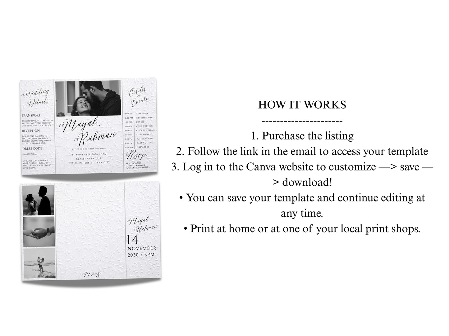 Gatefold Wedding Invitation Template | Elegant Black & White Folded Invite with RSVP Timeline | Printable Wedding Card with Photo. WEIB122