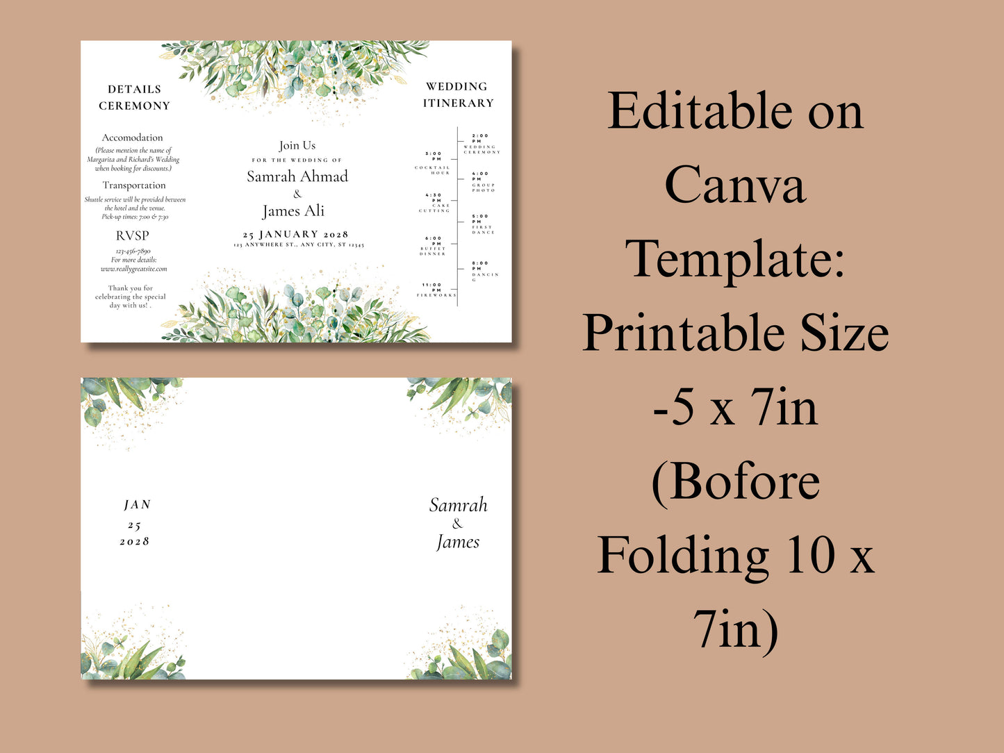 Greenery Gatefold Wedding Invitation | Printable Floral Invite | Gatefold Invite | Editable Template | Modern Wedding Itinerary | WIB128