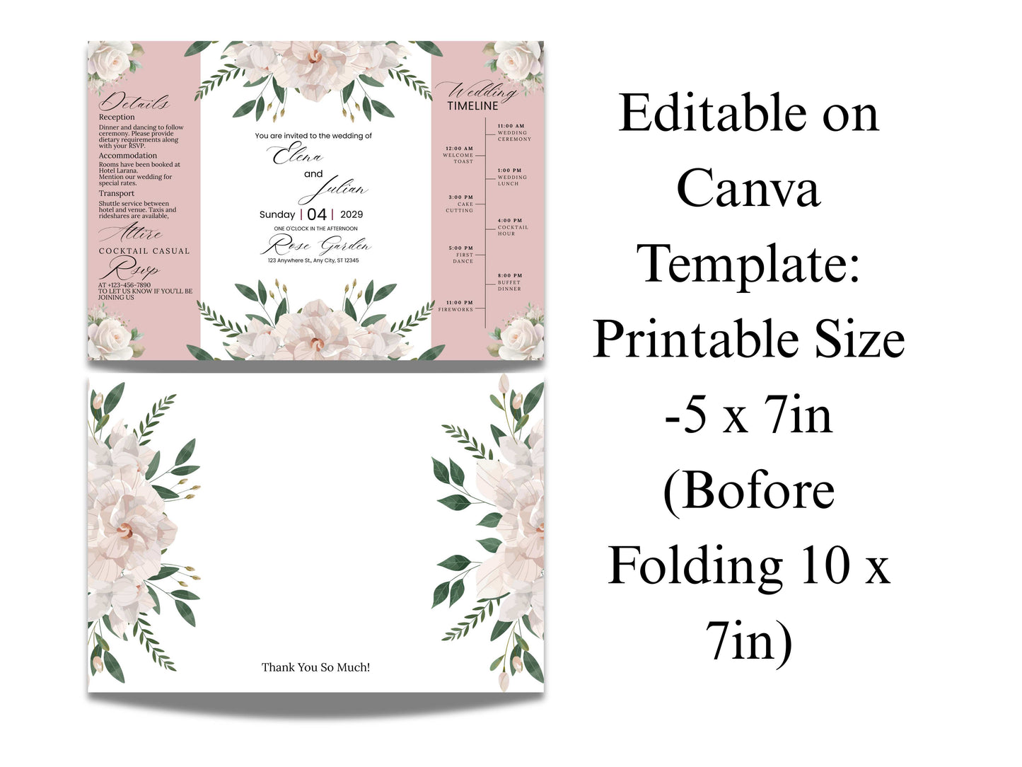 Gatefold Floral Wedding Invitation with Timeline – Rose Garden Theme | Gatefold Editable Invite | Editable Template. WIB120