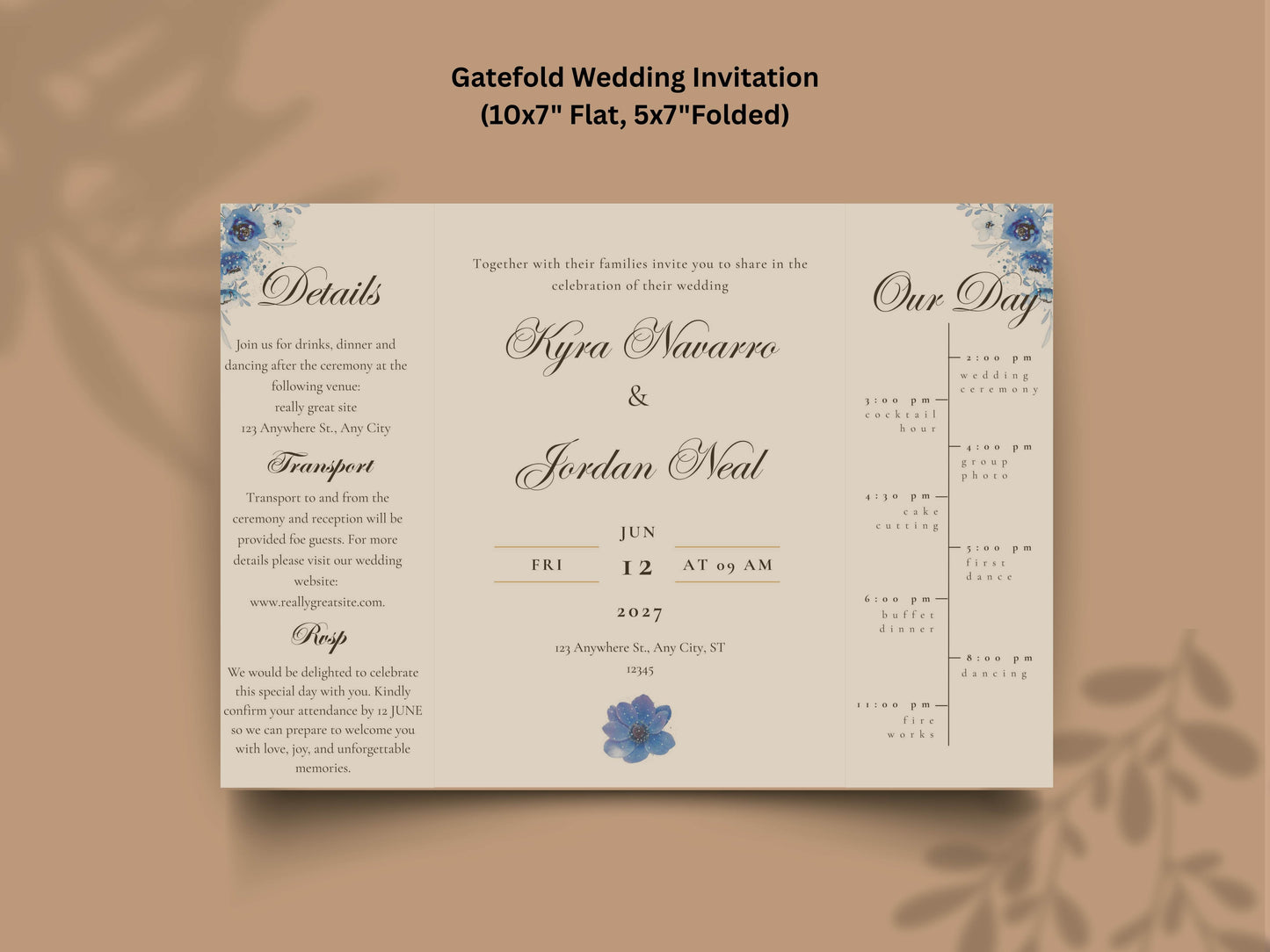 Elegant Blue Floral Wedding Invitation Template | Modern Folded Wedding Invite with Timeline | Printable Wedding Suite. WI150