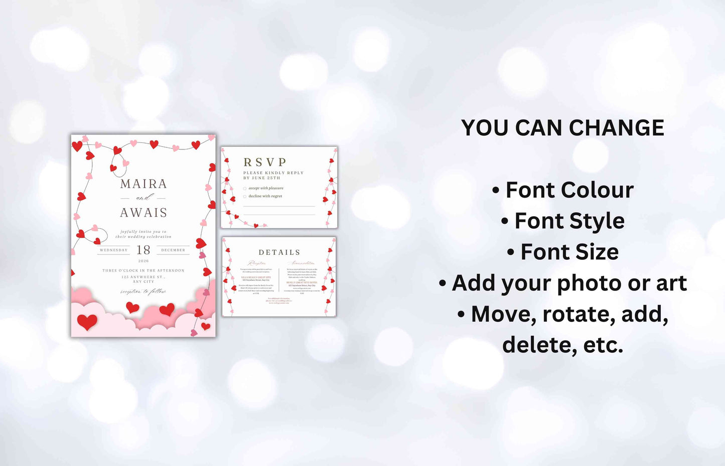 Romantic Wedding Invitation Template, Wedding Invitations Valentine Suite, RSVP, Detail Card, Red Hearts Invitation, Pink Heart Invite. WI98