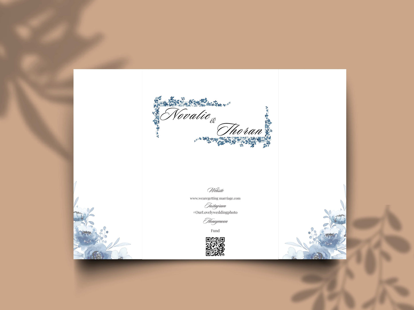 Blue Floral Wedding Itinerary Template, Save The Date Schedule Card, Elegant Navy Wedding Day Timeline, Printable Itinerary Invitation.WI175