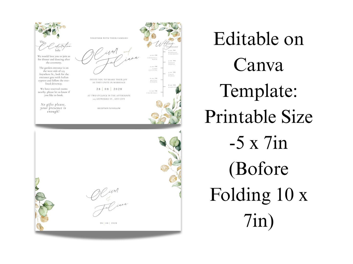 Gatefold Wedding Invitation Template | Green Folded Invite | Printable Ceremony Card | Modern Wedding Schedule Design. WIB127