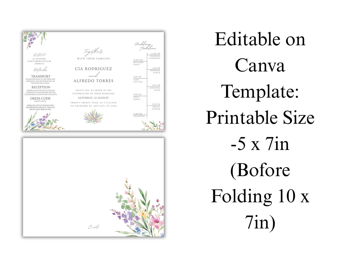 Elegant Floral Gatefold Wedding Invitation | Modern Minimalist Invite | Rustic Boho Wedding Card with Timeline & RSVP Details. WI131