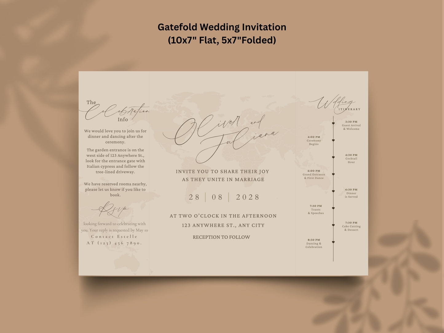 Destination Wedding Invitation Template Gatefold | Elegant Folded Travel Theme Invite | Printable Timeline & RSVP Card. WI146