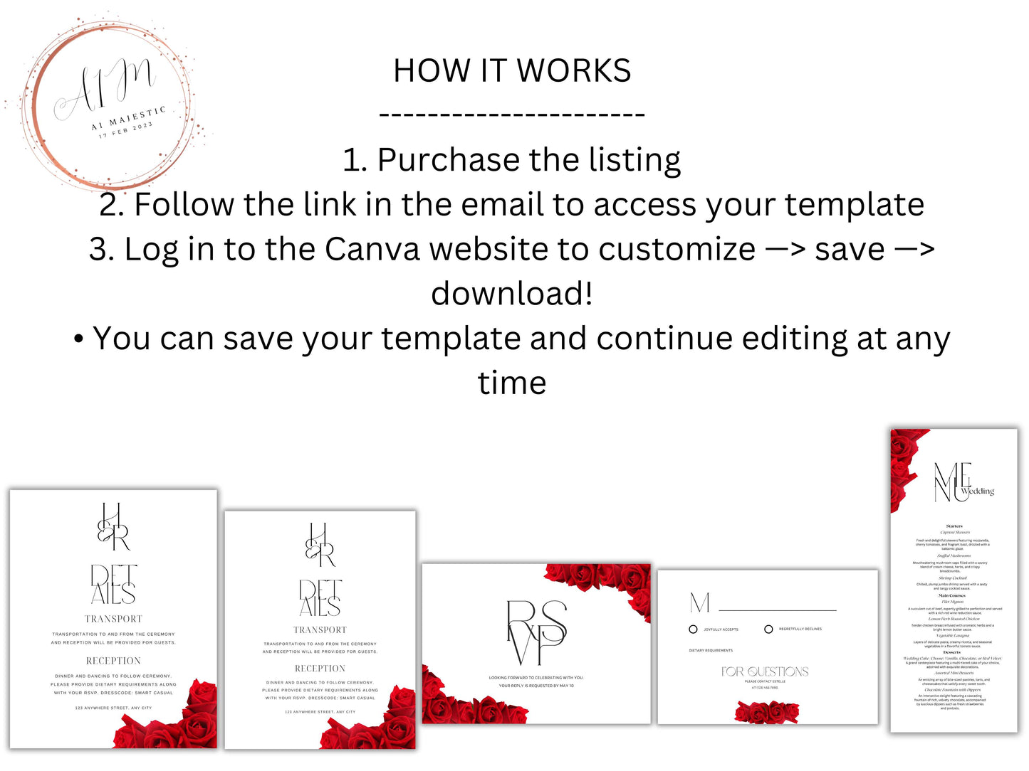 Red Rose Wedding Invitation set, Red Rose RSVP, Dark Red floral, Elegant Red Rose wedding Invitation, Details Editable, Menu Card, WC34