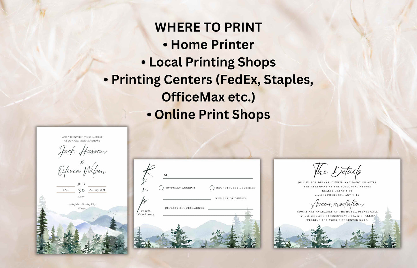 Mountain Wedding Invitation Template Set Pine Tree Wedding Suite, Details Card, Printable RSVP, Outdoor Wedding Invite. WI92