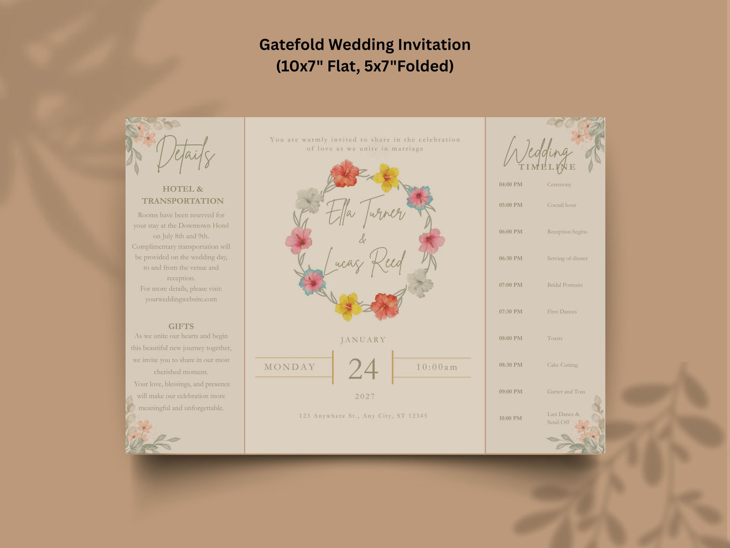 Floral Gatefold Wedding Invitation | Elegant Timeline Wedding Card | Modern Botanical Wedding Invitation with Details & Schedule. WI154