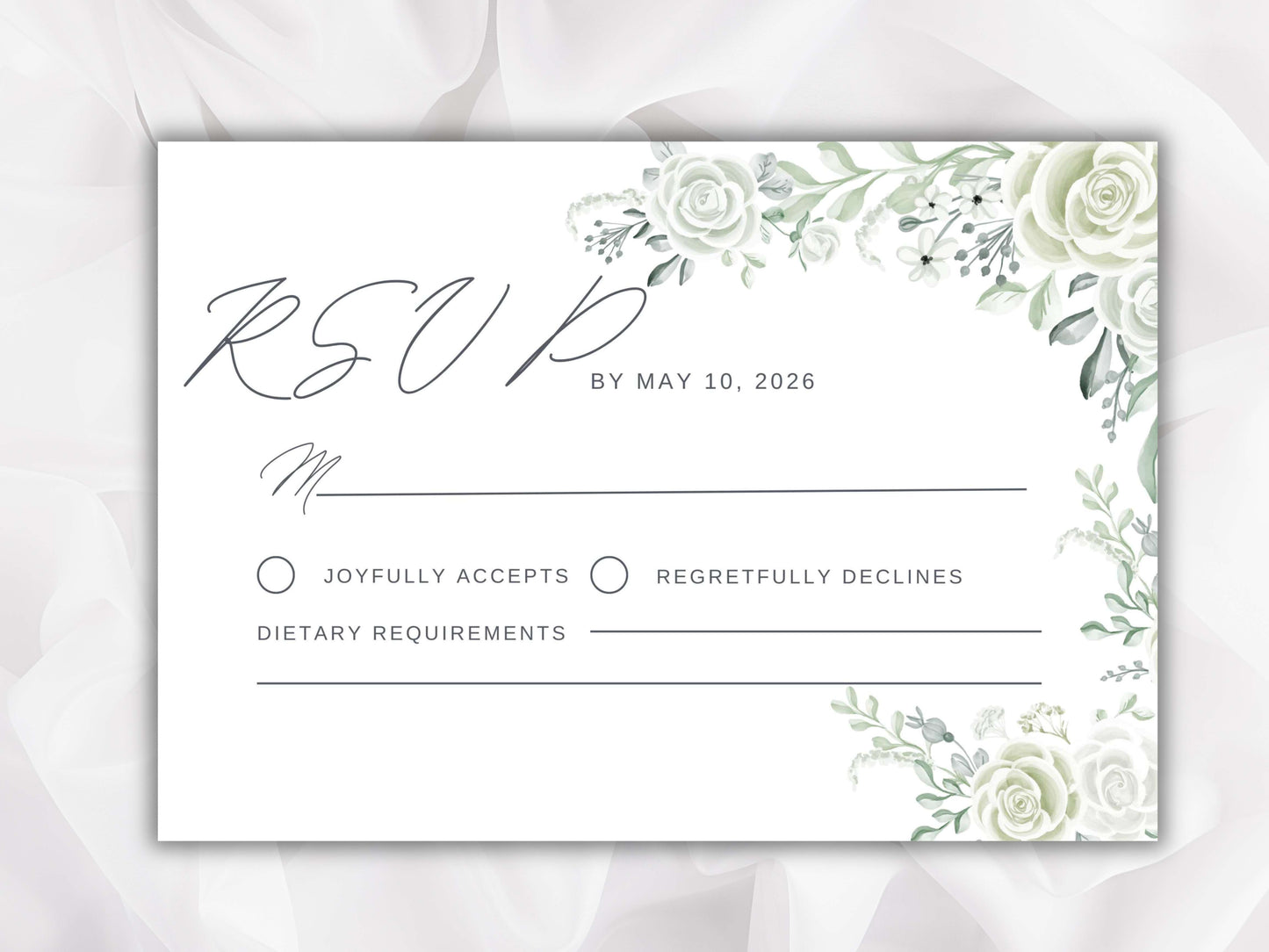 White Rose Wedding Invitation Template, Printable Wedding Invitation, White Flowers Invitation, White and Green RSVP, Details. WT84