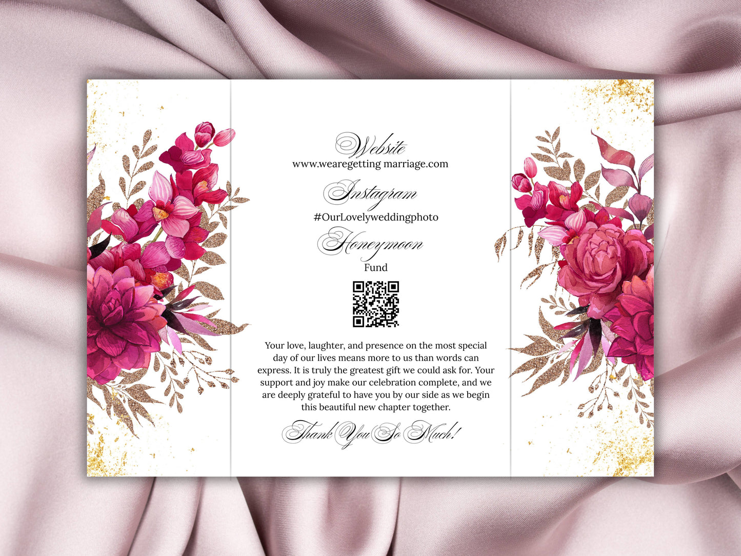 Wedding Invitation Trifold Template Canva, INSTANT DOWNLOAD, Pink Florals Trifold Invite Photo, Floral Pink Trifold Card,Pink Floral. WIB119