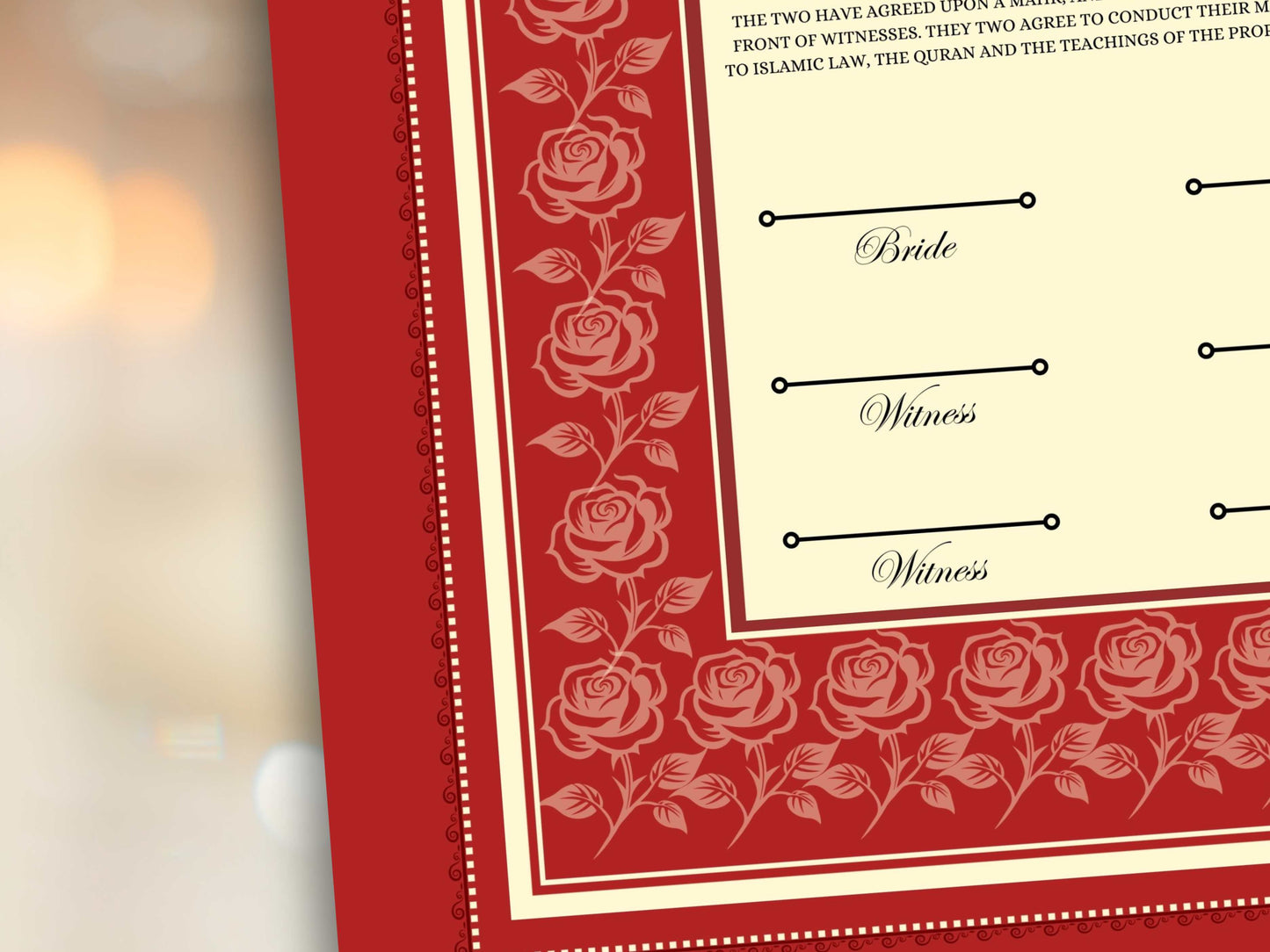 Rose Nikkah Certificate Template, Editable Nikkahnama, Printable Nikah Contract, Muslim Contract, Red Nikkah Islamic Marriage Contract.NN253