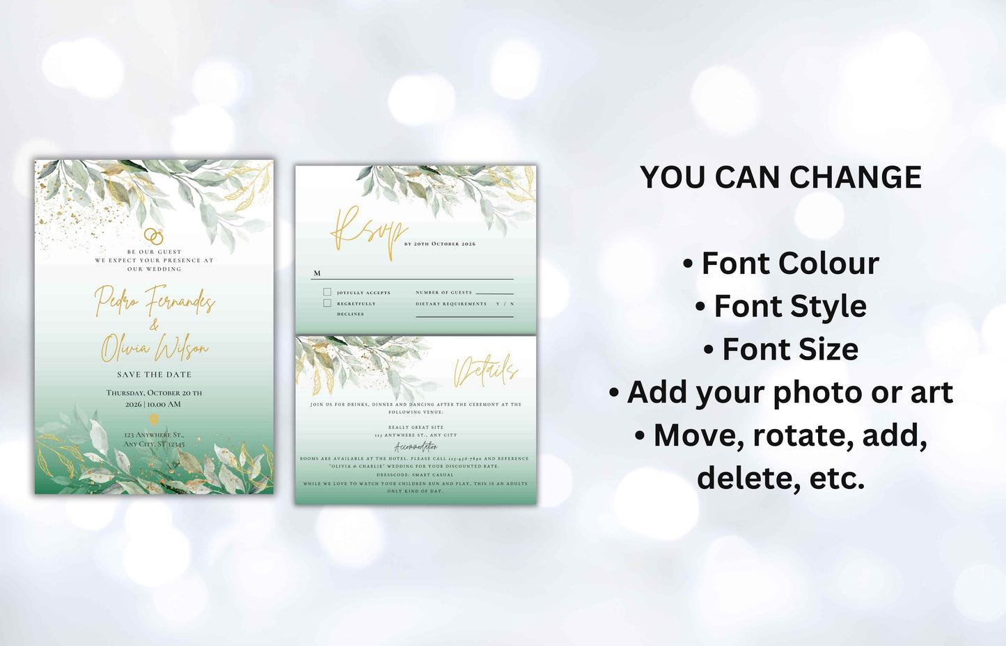 Sage Green Wedding Invitation Template, Editable Template, Greenery Eucalyptus Invitation Suite, Wedding Invites Template Editable. WI96