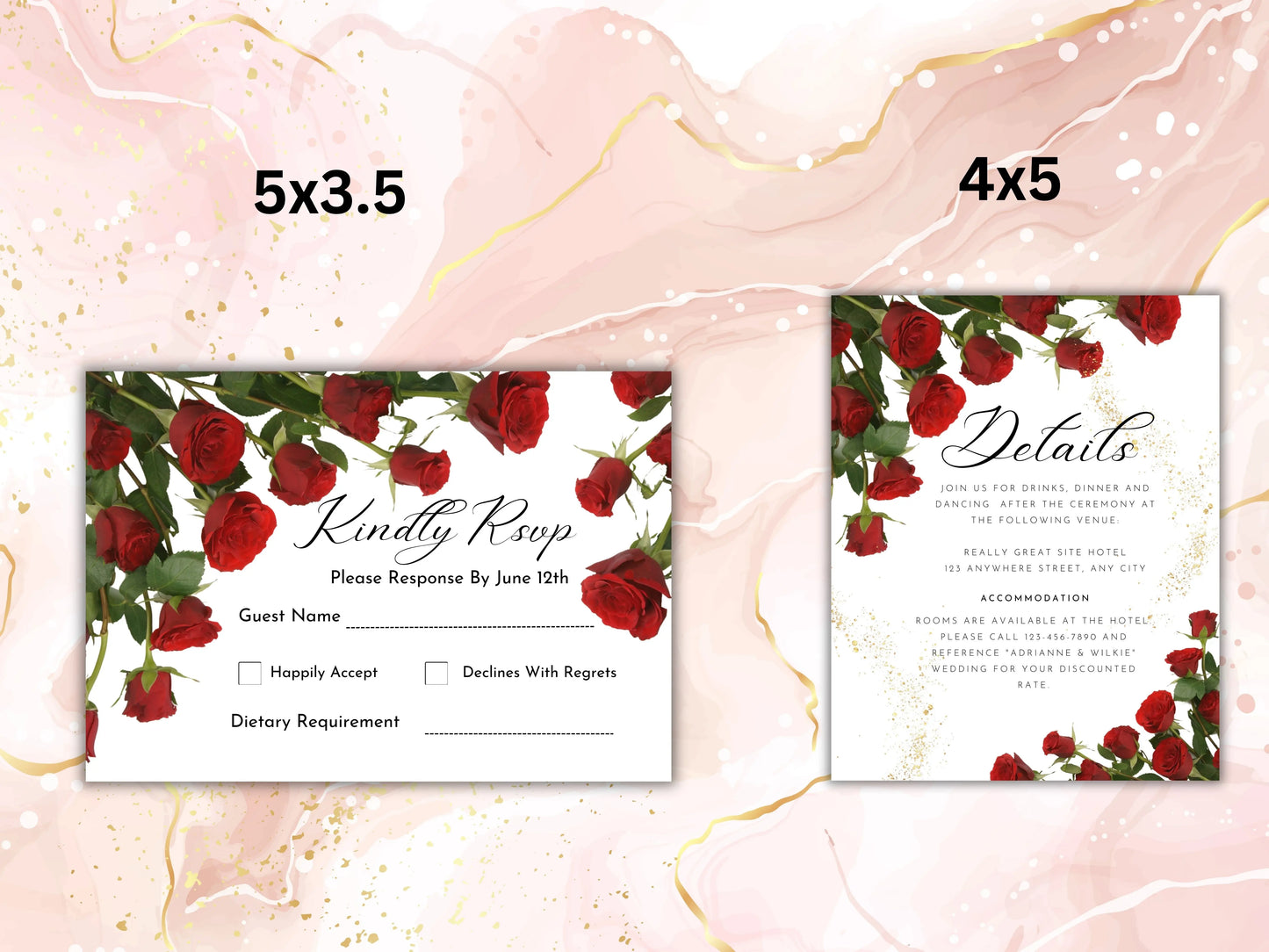 Red Rose Wedding Invitation , dark red floral gold frame border invite, Elegant Red Rose wedding Invitation, ,Shimmey, Editable A1 Majestic