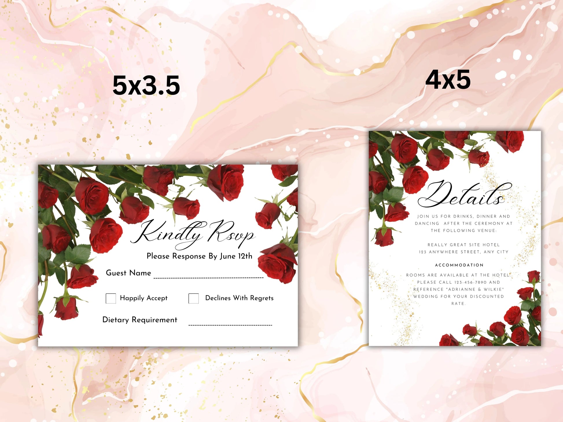 Red Rose Wedding Invitation , dark red floral gold frame border invite, Elegant Red Rose wedding Invitation, ,Shimmey, Editable A1 Majestic