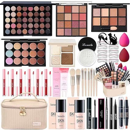All in One Makeup Kit for Women Full Kit, Makeup Gift Sets for Women Teens Girls, Makeup Essential Bundle Includes Eyeshadow Palette Foundation Eyeliner Contour Stick Lip Gloss Cosmetic Brush Set