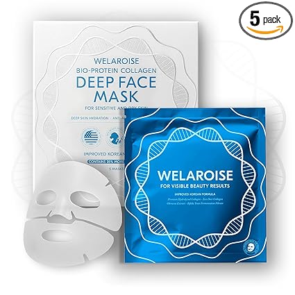 Welaroise Bio Protein Collagen Hydrogel Deep Face Mask +35% More Collagen, Intense Hydration & Moisturization, Firming, Anti-Aging, Skin Renewal, Korean Skincare (Pack of 5)