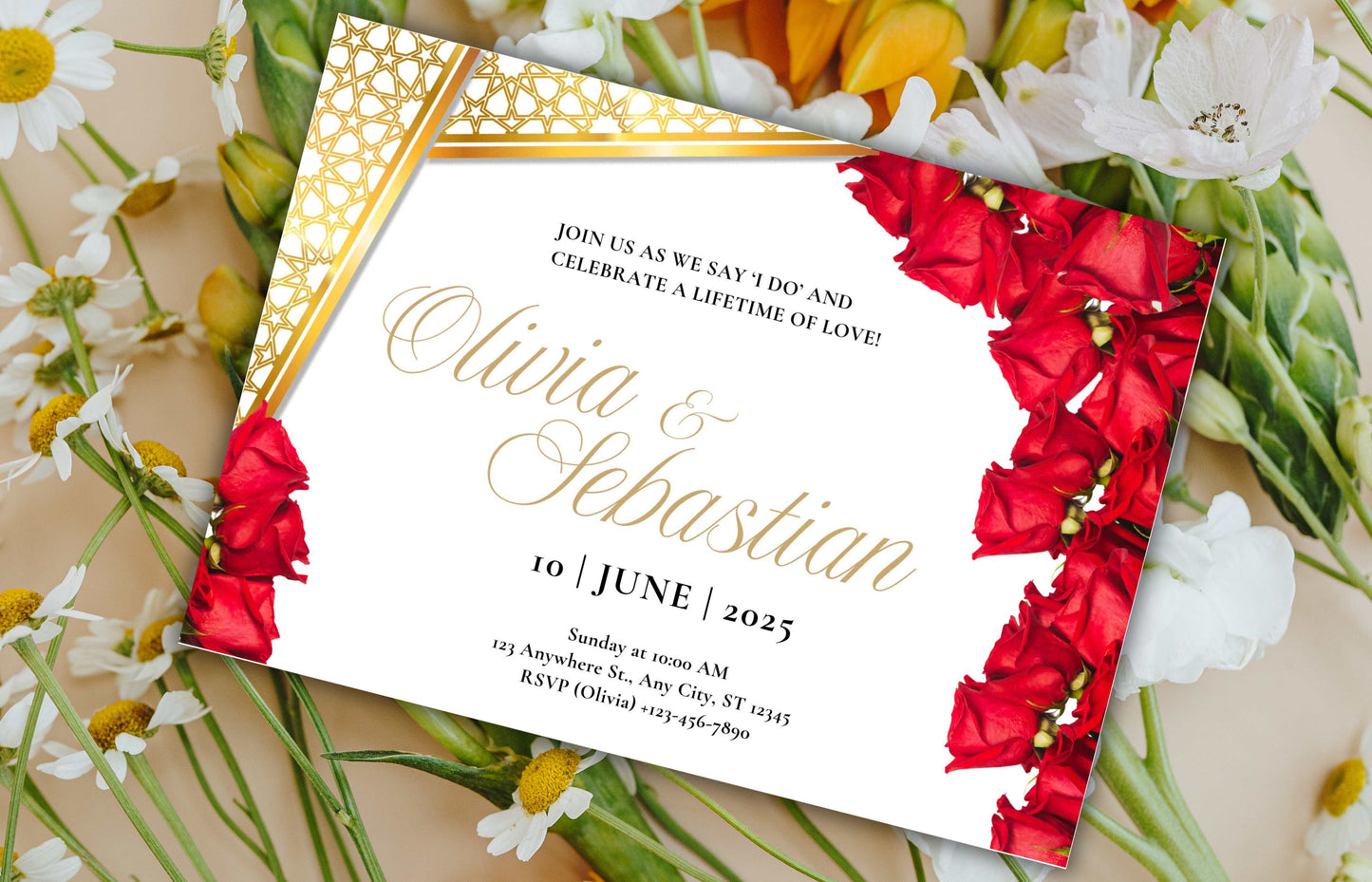 Elegant Red Roses Wedding Invitation - Editable Digital Template for Print - Customizable Romantic Wedding Invitation. WIB74