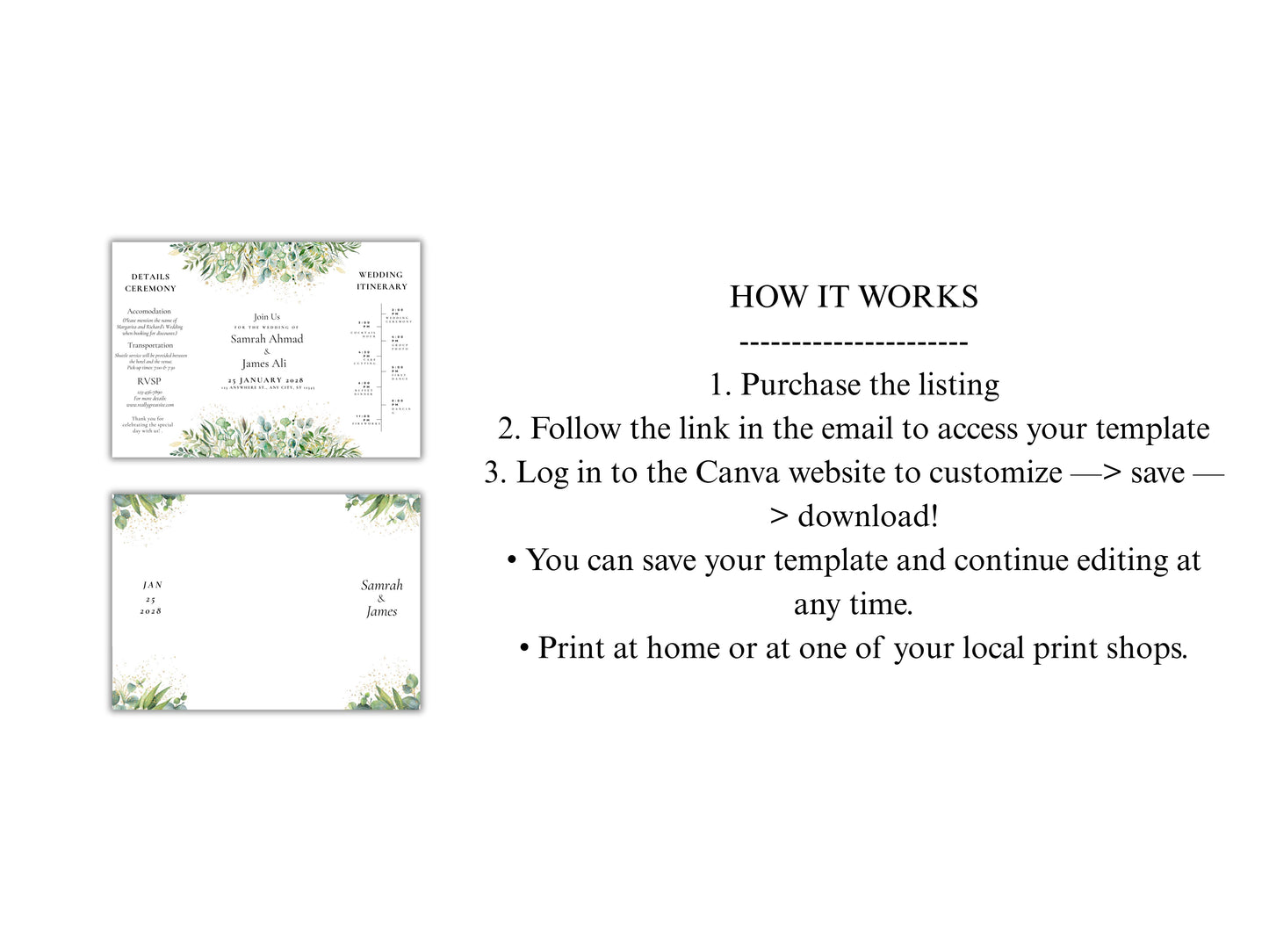 Greenery Gatefold Wedding Invitation | Printable Floral Invite | Gatefold Invite | Editable Template | Modern Wedding Itinerary | WIB128