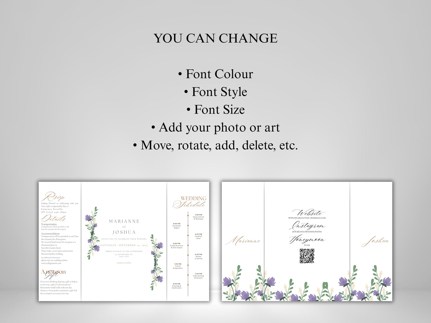 Elegant Floral Gatefold Wedding Invitation with Timeline | Rustic Folded Wedding Card | Botanical RSVP Invite | Digital WIB124