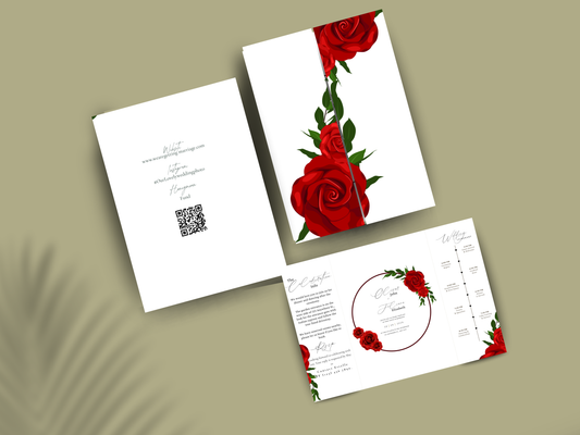 Red Rose Wedding Invitation Template Gatefold Style | Floral Wedding Invite | Romantic Printable Invitation Set | Modern Wedding Card. WI180