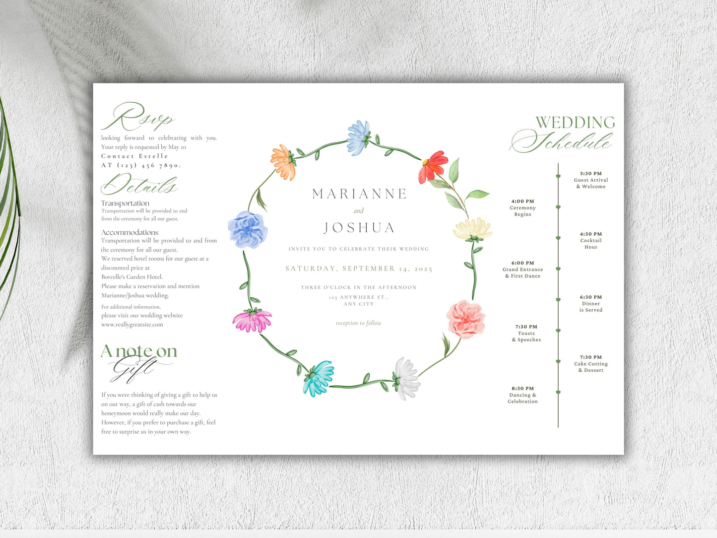 Elegant Gatefold Wedding Invitation | Floral Folded Invite | Printable Wedding Template | RSVP & Details Card | Editable PDF. WI134