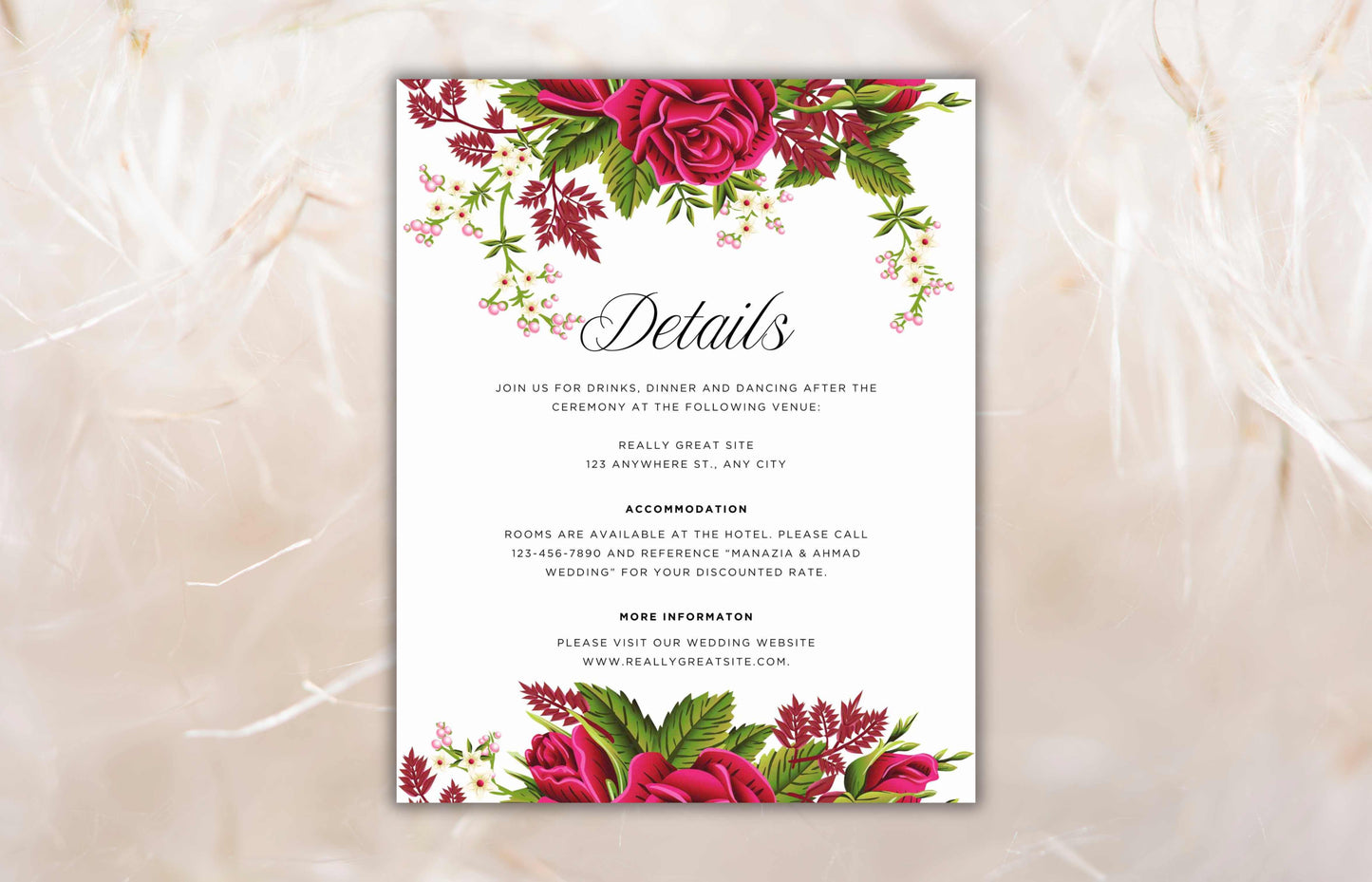 Floral Wedding Invitation Set Template, Printable Hot Pink Rose Wedding Invite Suite, Boho Wedding Template, RSVP Card, Details Card. WIB73