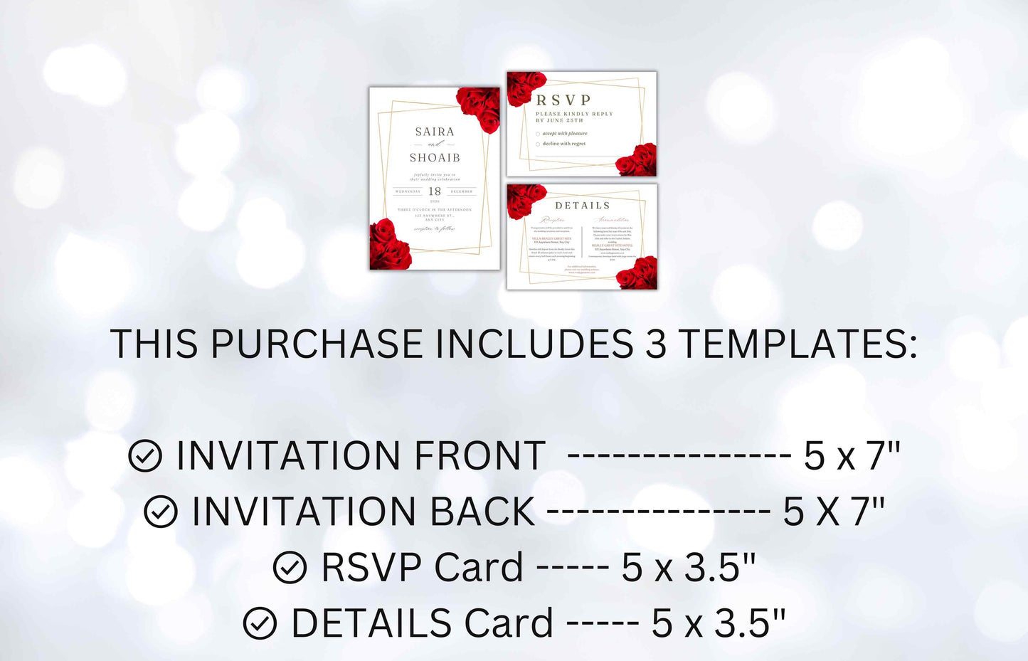 Elegant Red Rose Wedding Invitation Suite, Red Rose Wedding Invitation with Gold Frame, Printable Suite, Burgundy Editable Rsvp. WI99