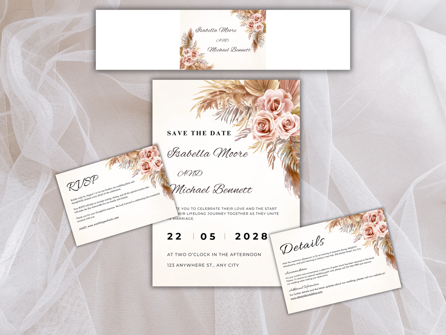 Bohemian Floral Wedding Invitation, RSVP, Details, Digital Download MTC416
