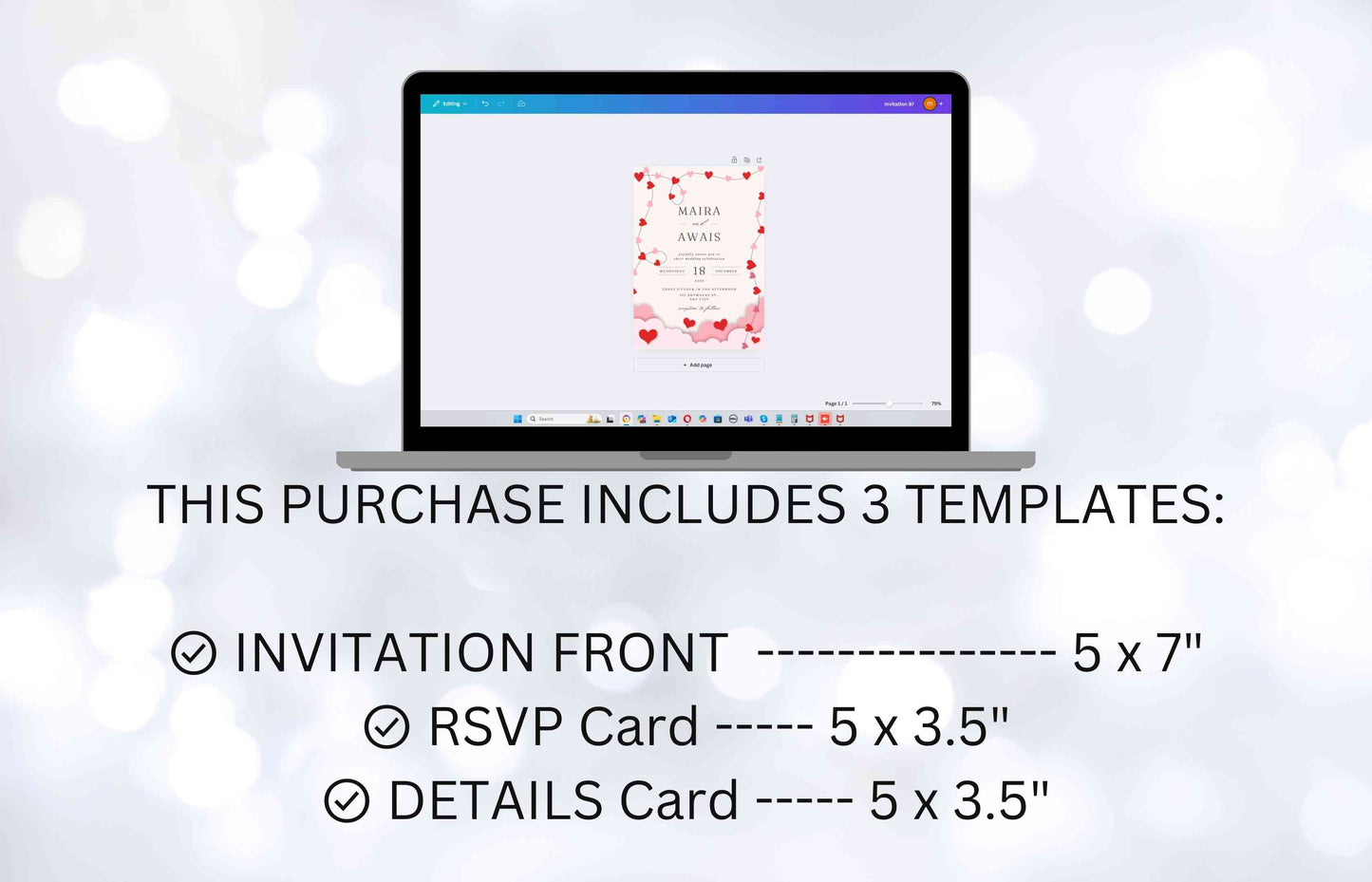 Romantic Wedding Invitation Template, Wedding Invitations Valentine Suite, RSVP, Detail Card, Red Hearts Invitation, Pink Heart Invite. WI98