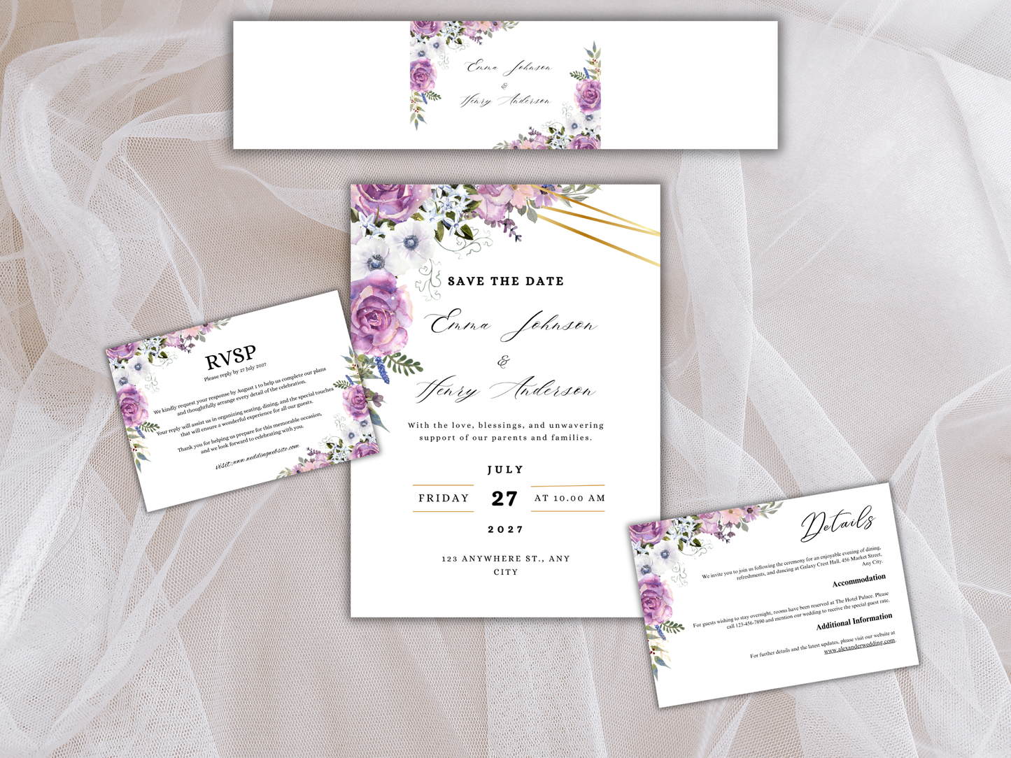 Purple Floral Wedding Invitation Suite, Editable RSVP, Details Card, WI378