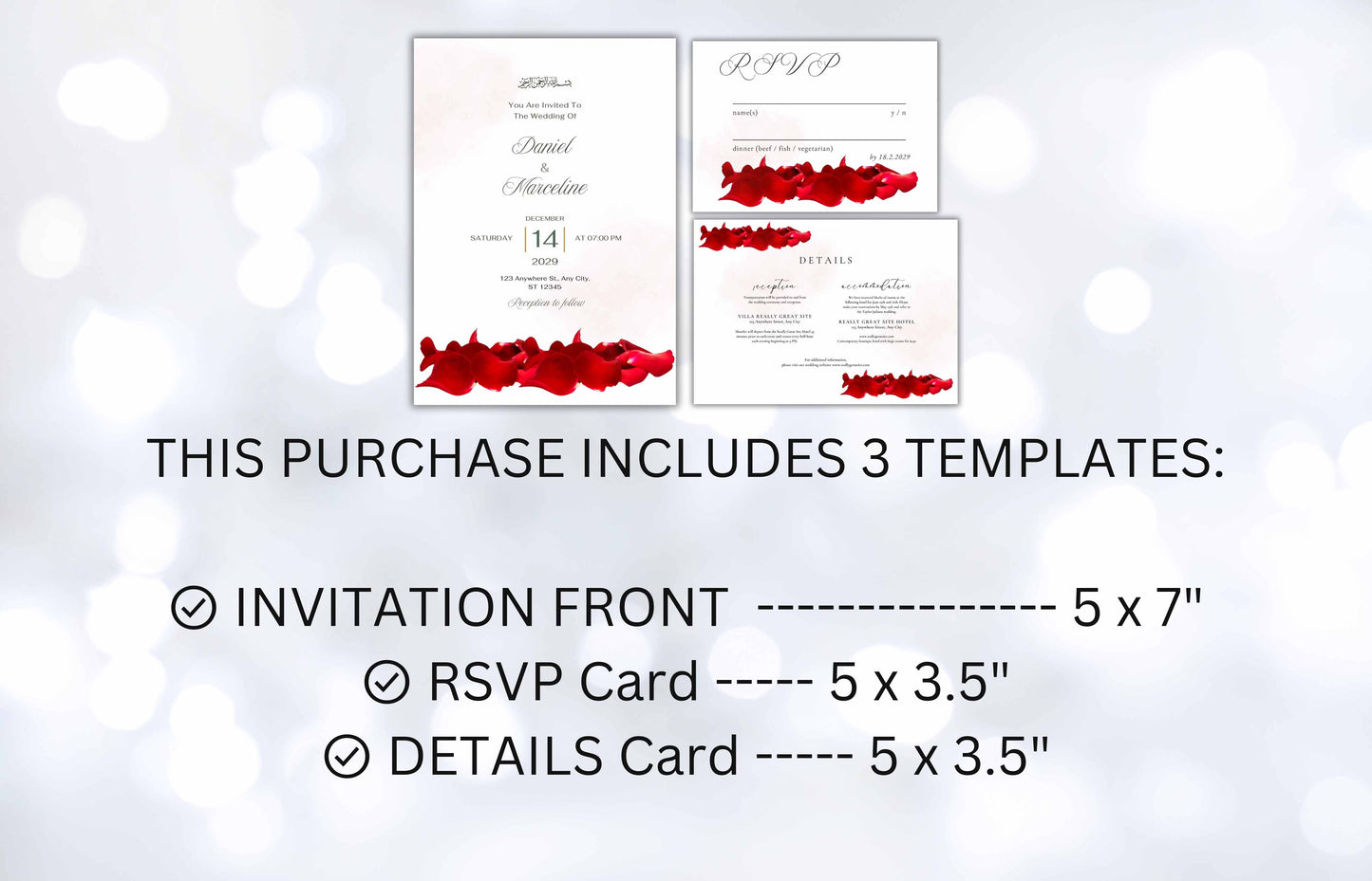 Red Rose Patels Wedding Invitation Template with RSVP, Details Card, Wedding Invitation Roses, Wedding Invites. B60